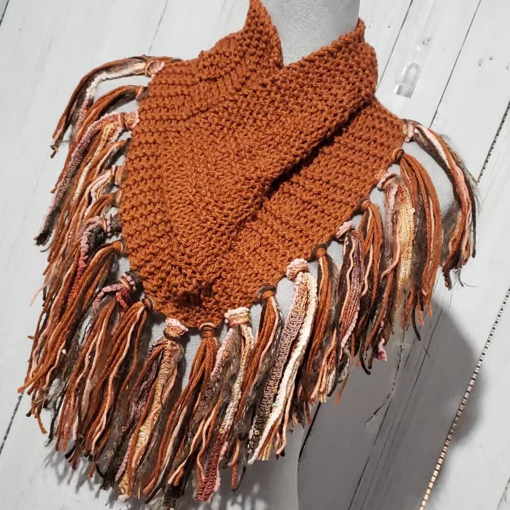 Cowl Scarf Fringe Hand Knitted Orange Rust Women's Boho Hippie Artsy Earthy Glam